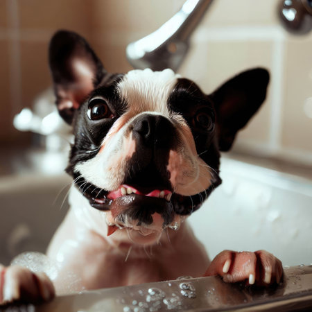 a boston terrier bathing in a sink look happiness.Generative AIの素材