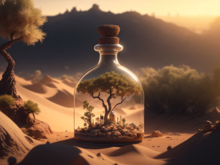 packed jar A small town rich in green forest, set on a wooden table, a backdrop of a polluted big city and arid desert, the concept of preserving the remaining forests.の素材