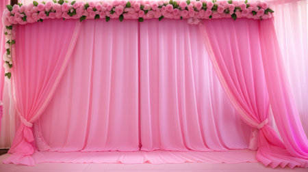 pink stage curtain with arched entrance, AI generatedの素材