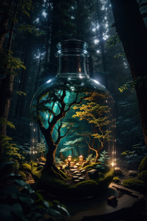 packed jar A small town rich in green forest, set on a wooden table, a big city backdrop full of pollution, the concept of preserving the remaining forests.AI generatedの素材