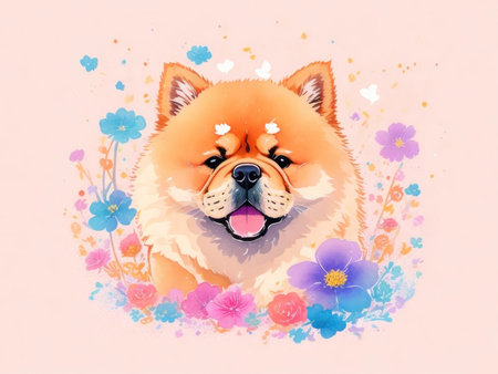 Chow Chow with colorful flower painted with watercolors on a white background.AI generatedIの素材