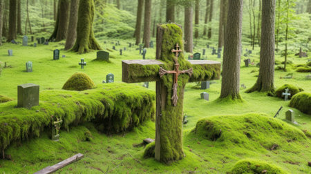 The cross was placed in a grave in a quiet, green forest.AI generatedの素材