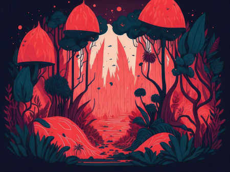 Imaginary star landscape full of red creatures.AI generatedの素材