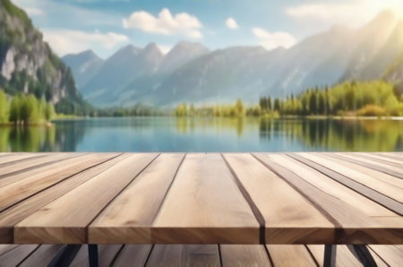 A wooden balcony for displaying products with a blurred river and mountain backdrop.Ai generatedの素材