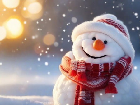 Smiling snowman in winter background.ai generatedの素材