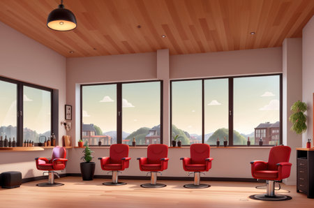 Barber shop with red chair inside room with mirror lighting.AI generatedの素材
