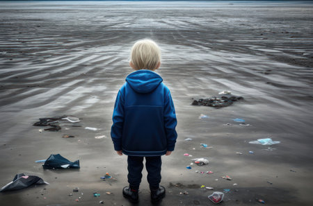 The back of a child standing and looking at a pile of garbage on the beach Conceptual view of a beach full of human waste.AI generatedの素材