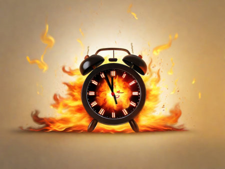 A burning alarm clock The concept of rush hour.AI generatedの素材