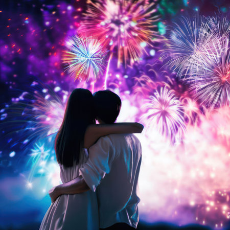 The back view of a couple watching fireworks with a romantic atmosphere.generative AIの素材