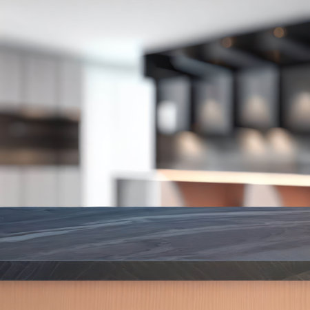 blank ceramic table with blured kitchen background.generative AIの素材