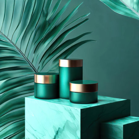 Malachite Podium with Green Marble and Tropical Leaves - Product Presentation Mockup.generative AIの素材