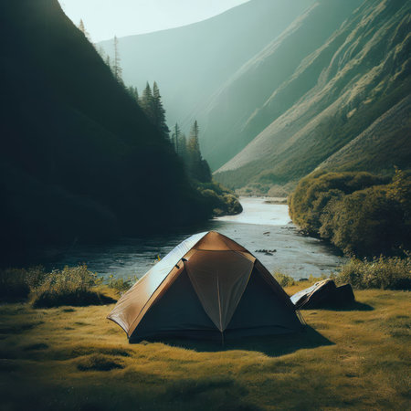 A tent that was spread out in the open air next to the river. With beautiful mountains as a backdrop.AI generatedの素材