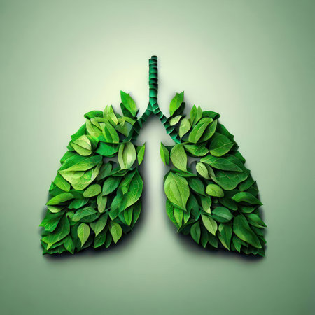 Lungs created by the arrangement of green leaves. Fresh air concept from the forest. AI generatedの素材