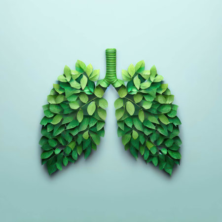 Lungs created by the arrangement of green leaves. Fresh air concept from the forest. AI generatedの素材