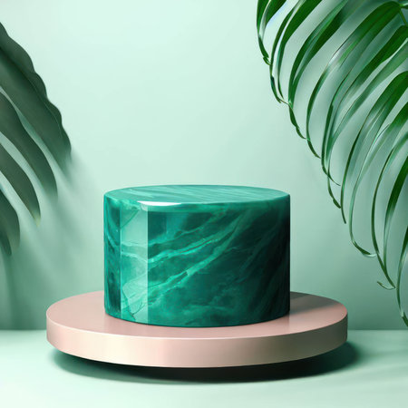 Malachite Podium with Green Marble and Tropical Leaves - Product Presentation Mockup.generative AIの素材