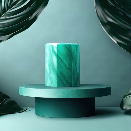 Malachite Podium with Green Marble and Tropical Leaves - Product Presentation Mockup.generative AIの素材