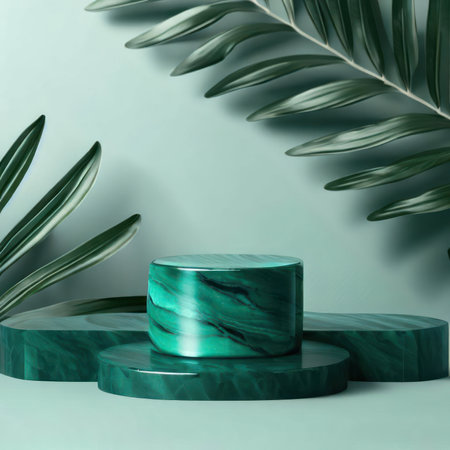 Malachite Podium with Green Marble and Tropical Leaves - Product Presentation Mockup.generative AIの素材