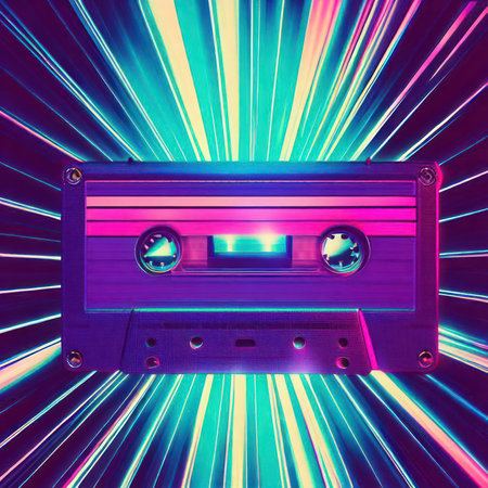 Cassette Tape Neon Style with Purple Lights Disco background.AI generatedの素材