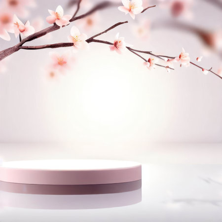 blank empty podium zen style with sakura decoration background.AI generatedの素材