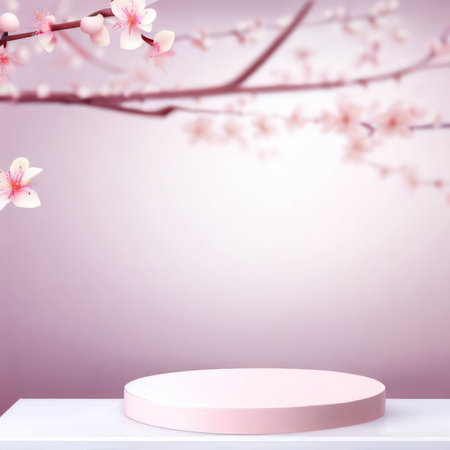 blank empty podium zen style with sakura decoration background.AI generatedの素材