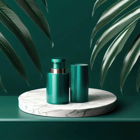 Malachite Podium with Green Marble and Tropical Leaves - Product Presentation Mockup.generative AIの素材