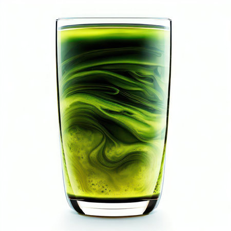 Matcha green tea drink in clear glass isolate on white background.AI generatedの素材