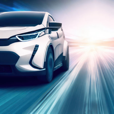 Electric cars run on the road at speed, alternative energy vehicles.AI generatedの素材