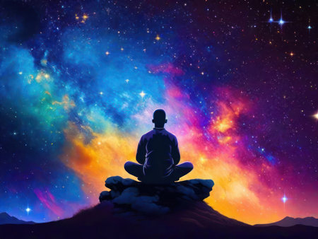 Back of man practicing yoga at night with starlit background.AI generatedの素材