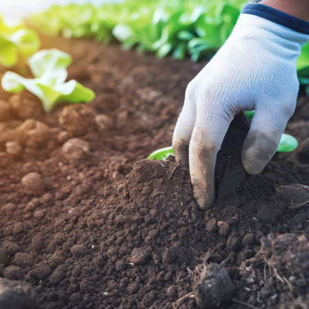 Close-up, hands of a farmer checking soil conditions in a field.AI generatedの素材