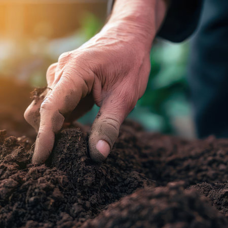 Close-up, hands of a farmer checking soil conditions in a field.AI generatedの素材