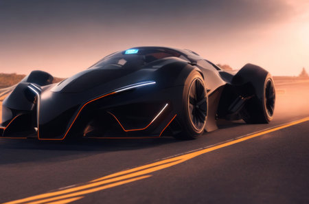 super car EV running at speed on the road.Ai generatedの素材
