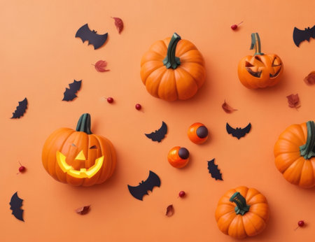 blank empty space halloween pumpkin on orange background.AI generatedの素材