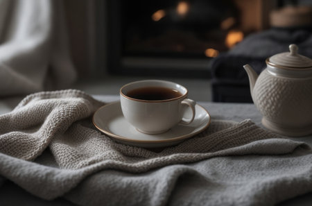 Illustration A cup of hot tea on the table inside the room with a winter atmosphere.generative AIの素材