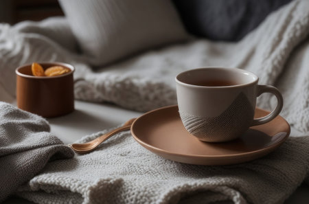 Illustration A cup of hot tea on the table inside the room with a winter atmosphere.generative AIの素材