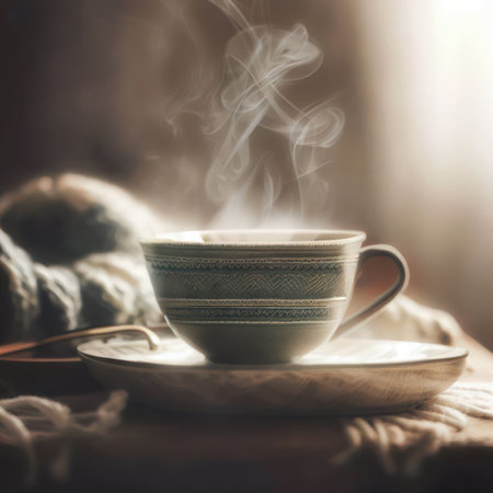 Illustration A cup of hot tea on the table inside the room with a winter atmosphere.generative AIの素材