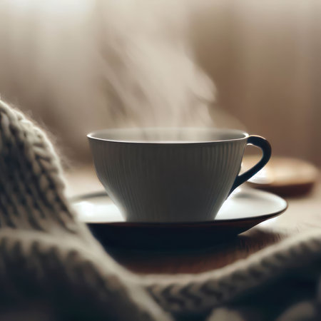 Illustration A cup of hot tea on the table inside the room with a winter atmosphere.generative AIの素材