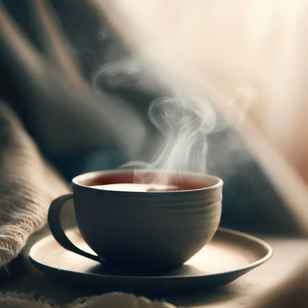 Illustration A cup of hot tea on the table inside the room with a winter atmosphere.generative AIの素材