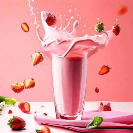 Illustration of strawberry smoothie on the table with splash and strawberry ornament.generative AIの素材