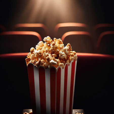 Illustration Popcorn located inside a movie theater.generative AIの素材