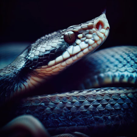 Illustration of a snake curled up in a dark room in a blue and black theme.generative AIの素材