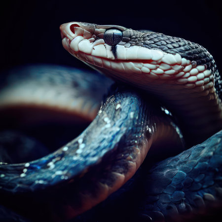 Illustration of a snake curled up in a dark room in a blue and black theme.generative AIの素材