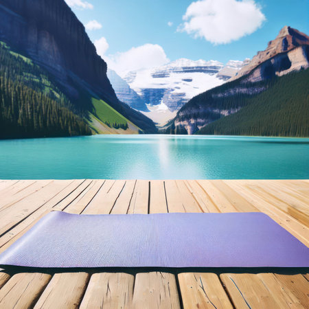Wooden floor with yoga mat at lake louise banff national park.generative AI.の素材