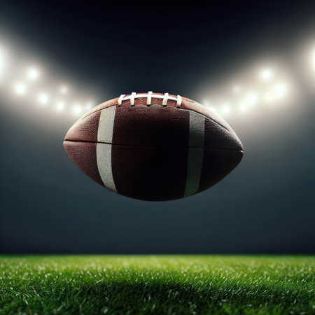 An American football ball floats above the grass in a floodlit field.Generative AIの素材