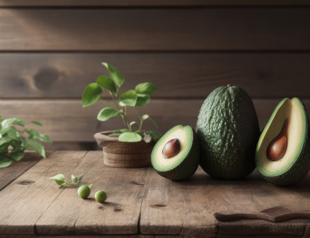 Illustration Avocado arranged on the wooden board in the room.generative AIの素材