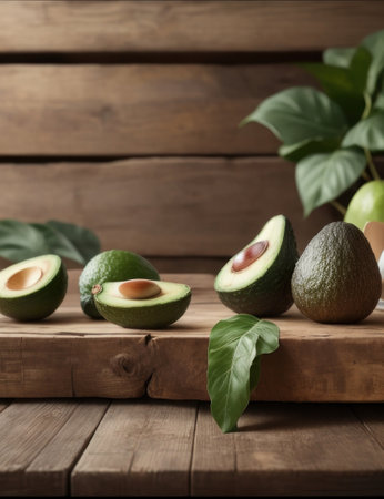 Illustration Avocado arranged on the wooden board in the room.generative AIの素材