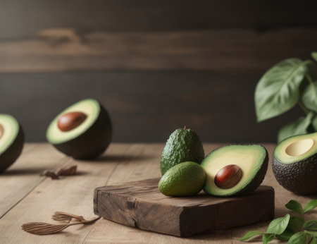Illustration Avocado arranged on the wooden board in the room.generative AIの素材