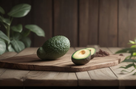 Illustration Avocado arranged on the wooden board in the room.generative AIの素材
