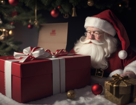 Illustration Gift box and Santa Claus inside the house, merry Christmas night.generative AIの素材
