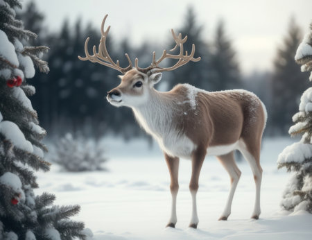 Illustration of a reindeer on a snowy field.generative AIの素材