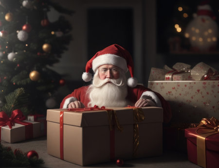 Illustration Gift box and Santa Claus inside the house, merry Christmas night.generative AIの素材